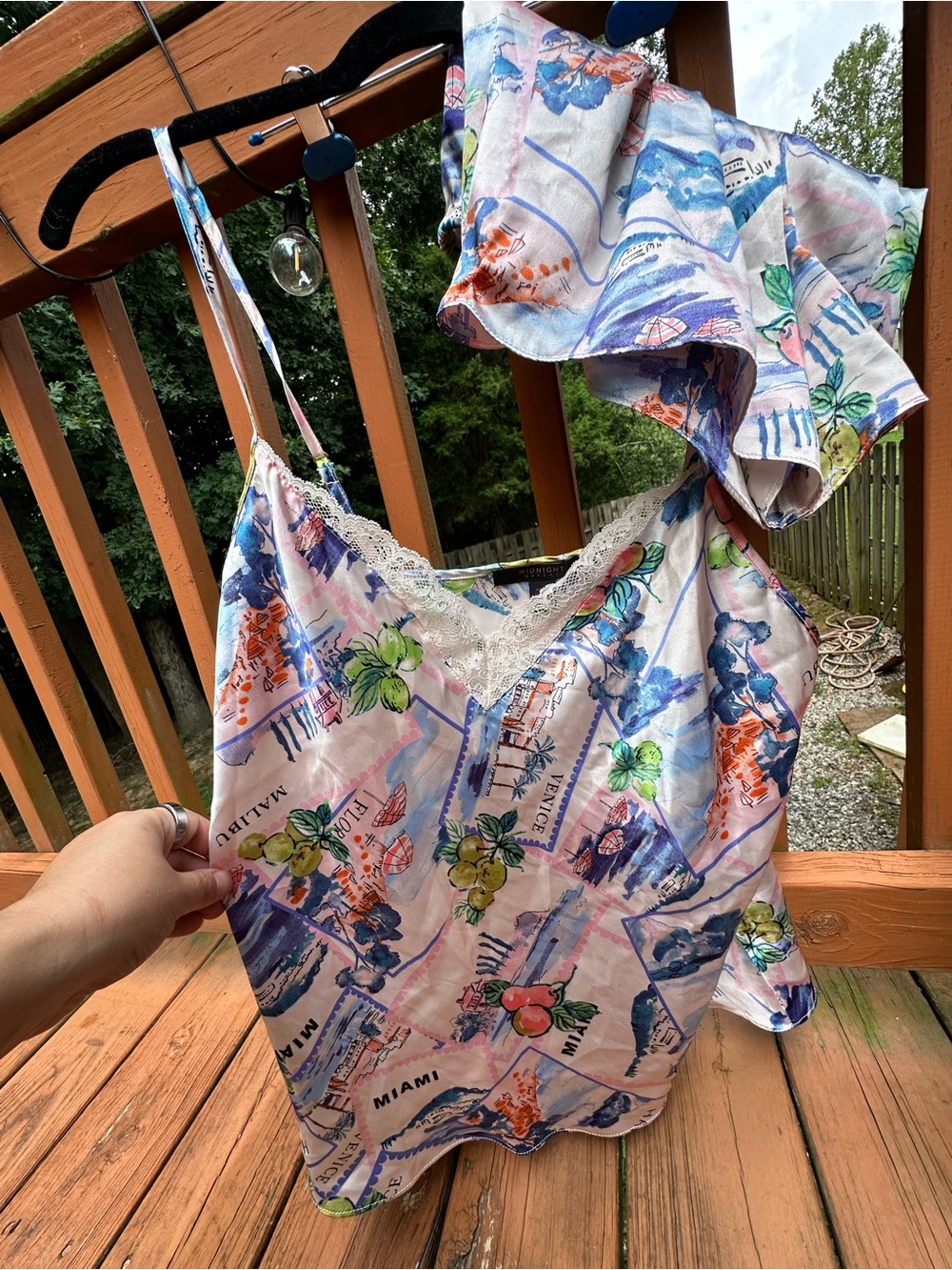 Floral Postcard Satin Cami in Pink and Blue with Lace Trim